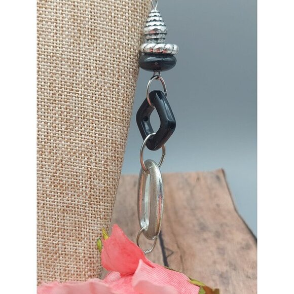 Black Silver Tone Station Statement Necklace Chain Front Toggle Tassel Pendants - Picture 9 of 11